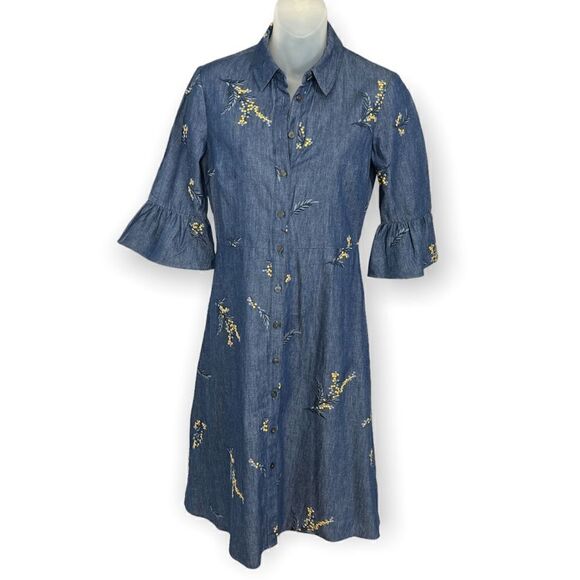 Draper James Embroidered Chambray Dark Wash Floral Shirtdress Size 0 - Picture 3 of 5